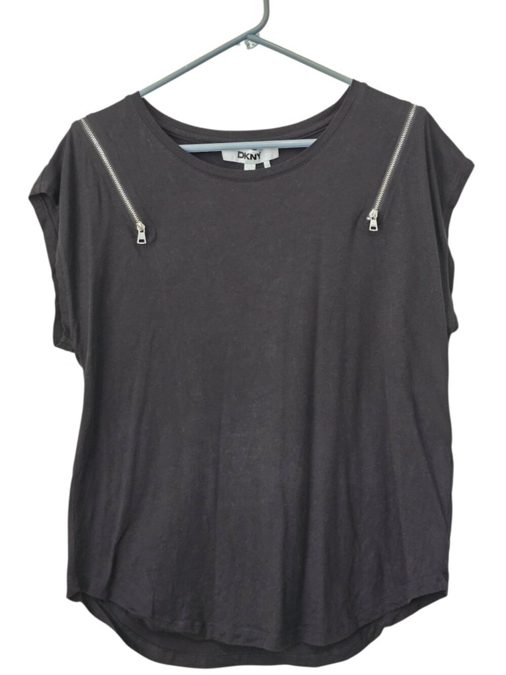 DKNY Women's Black Sleeveless Top w. Zipper Accent Open Shoulder Blouse Large
